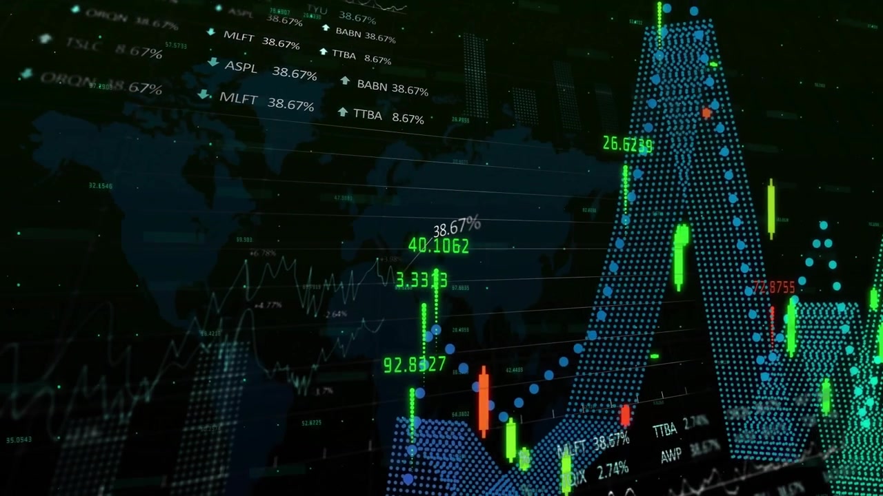 Schermo di trading scuro che mostra candele verdi e rosse, linee magenta e una griglia trasparente di mappa del mondo.