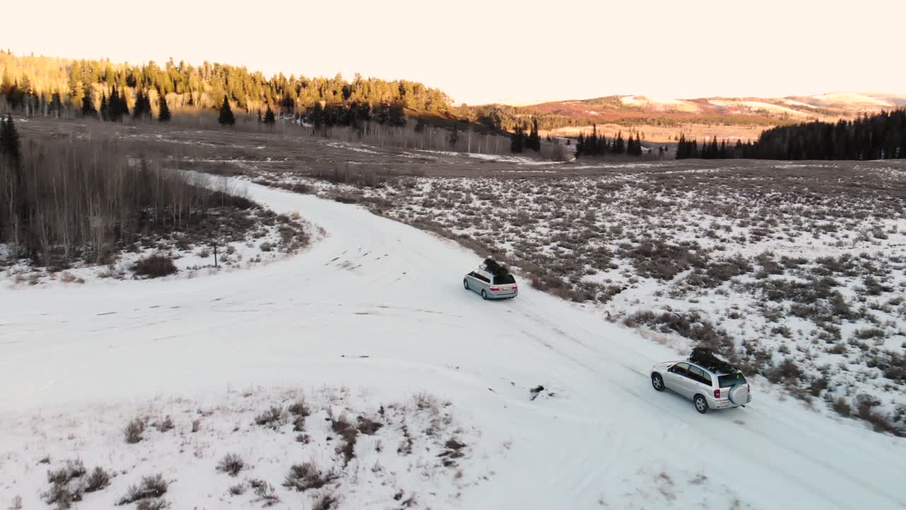 Luftnedstigning av biler som kjører i snø med juletrær i Idaho National Forest under en vintersolnedgang