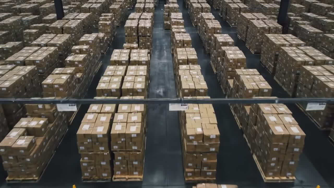 Aerial View of a Warehouse Filled with Stacked Shipping Boxes in Neat Rows, Highlighting Efficient Storage and Organization in a Large Distribution Facility