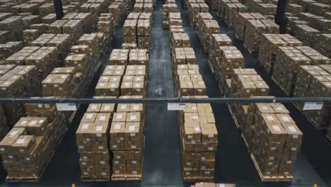 aerial view of a warehouse filled with stacked shipping boxes in neat rows, highlighting efficient storage and organization in a large distribution facility