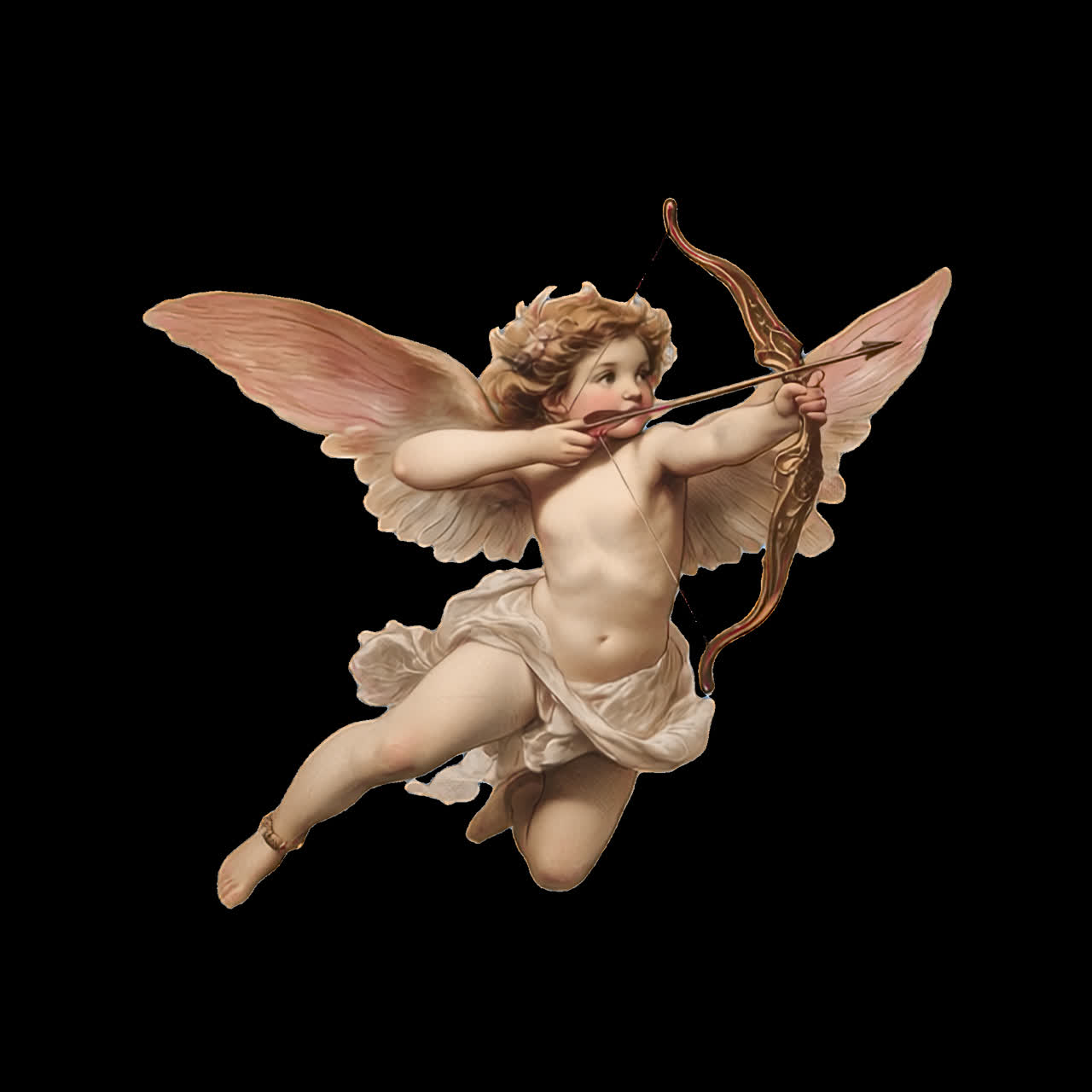 Cherubic archer with golden wings animation isolated asset, transparent 4K video, alpha channel