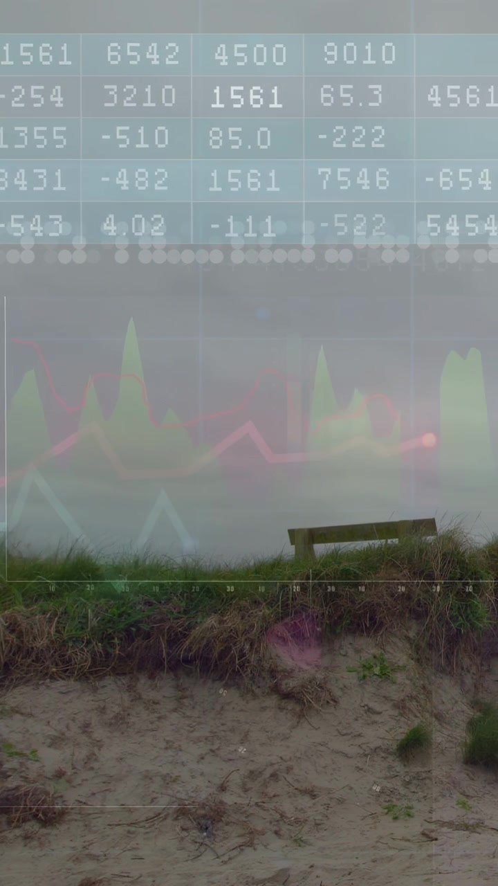 Vertical video: Numbers appearing, charts floating over wooden bench on dune, showing data trends
