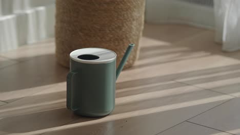 stylish green watering can in a home setting