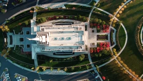 awesome aerial and top view of symmetrical lds mormon oquirrh mountain temple and surroundings at south jordan utah