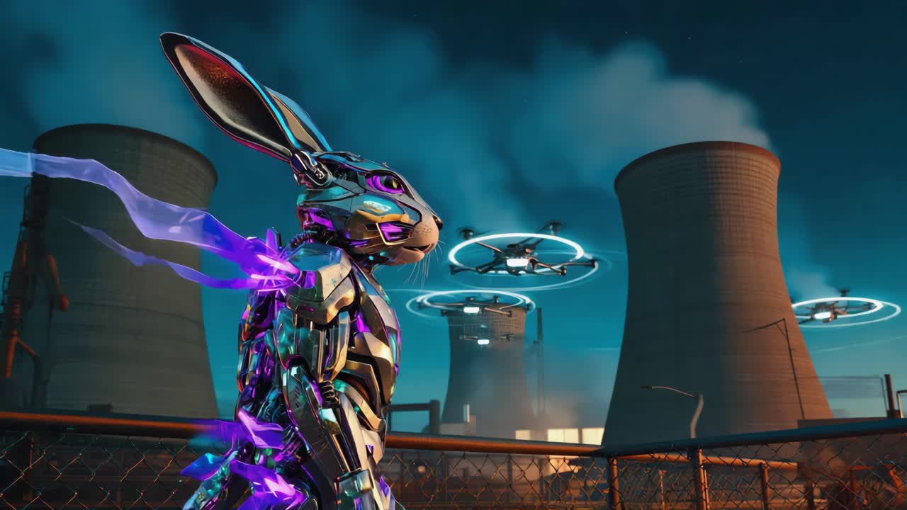 Futuristic Robotic Rabbit with Drones in an Industrial Setting