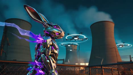 futuristic robotic rabbit with drones in an industrial setting