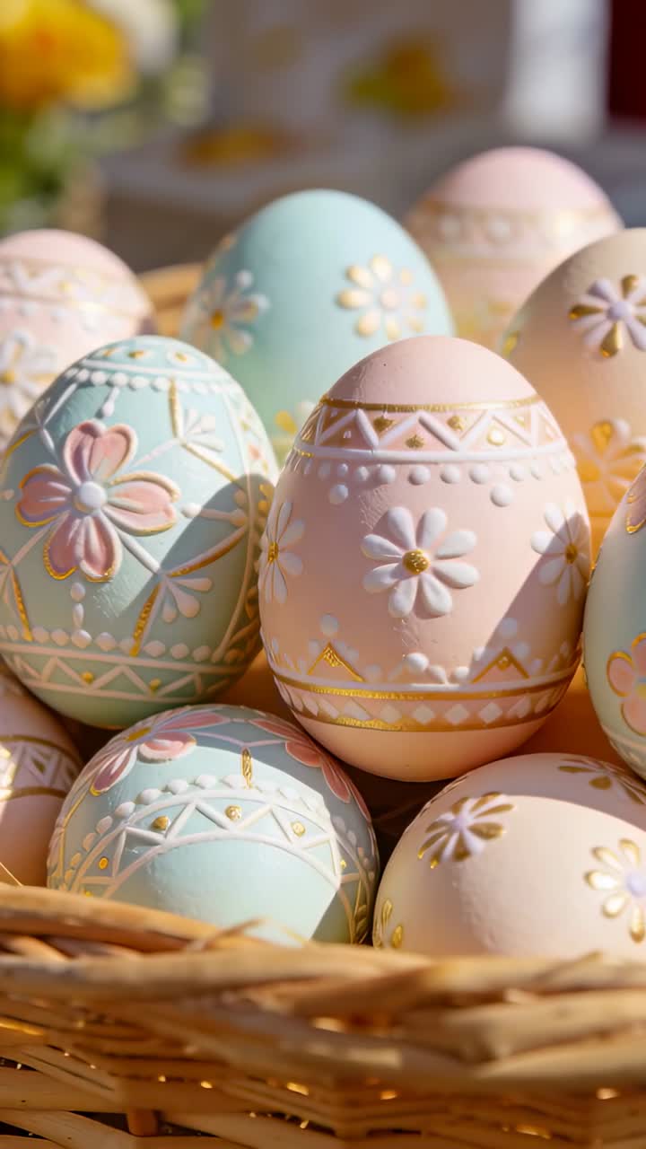 Vertical video: Camera shifting, pastel hand-painted eggs revealing embossed motifs for home decor