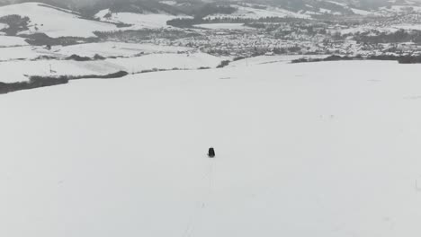 Luftaufnahme,-Mädchen-Auf-Holzschlitten-Bergab-In-Winterlicher-Schneelandschaft-Mit-Dorf-Im-Hintergrund