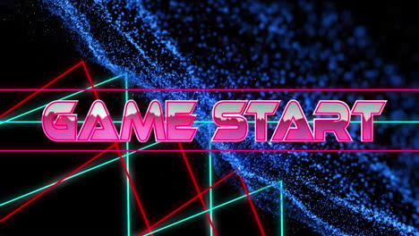 animación del texto de inicio del juego, banner y senderos de luz y onda digital púrpura sobre fondo negro.