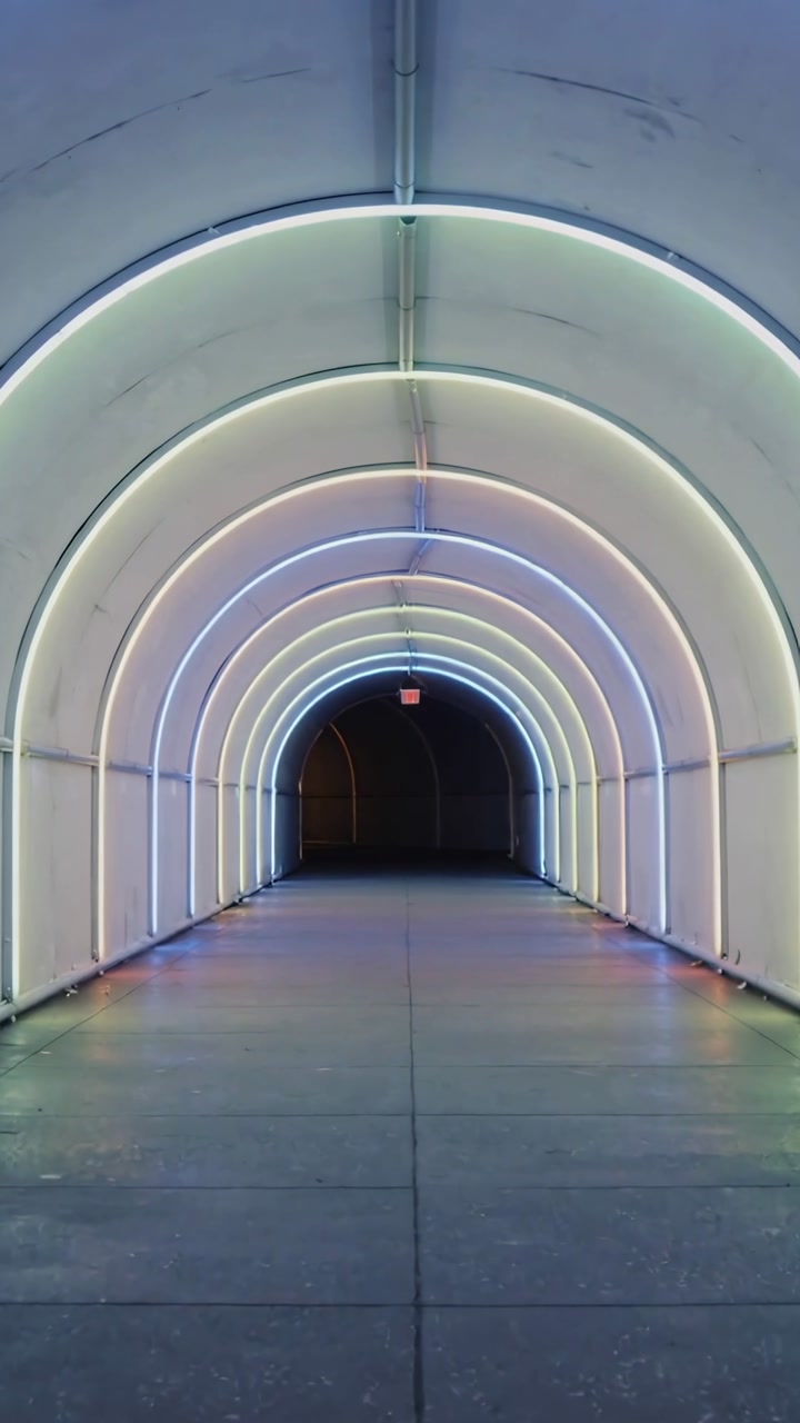 Vertical video: Displaying arched corridor with timed LED rings shifting across floor, to exit sign
