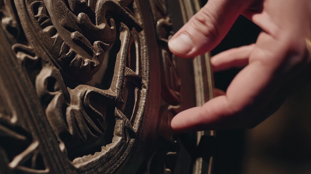 Hand Examining Carved Wooden Decor