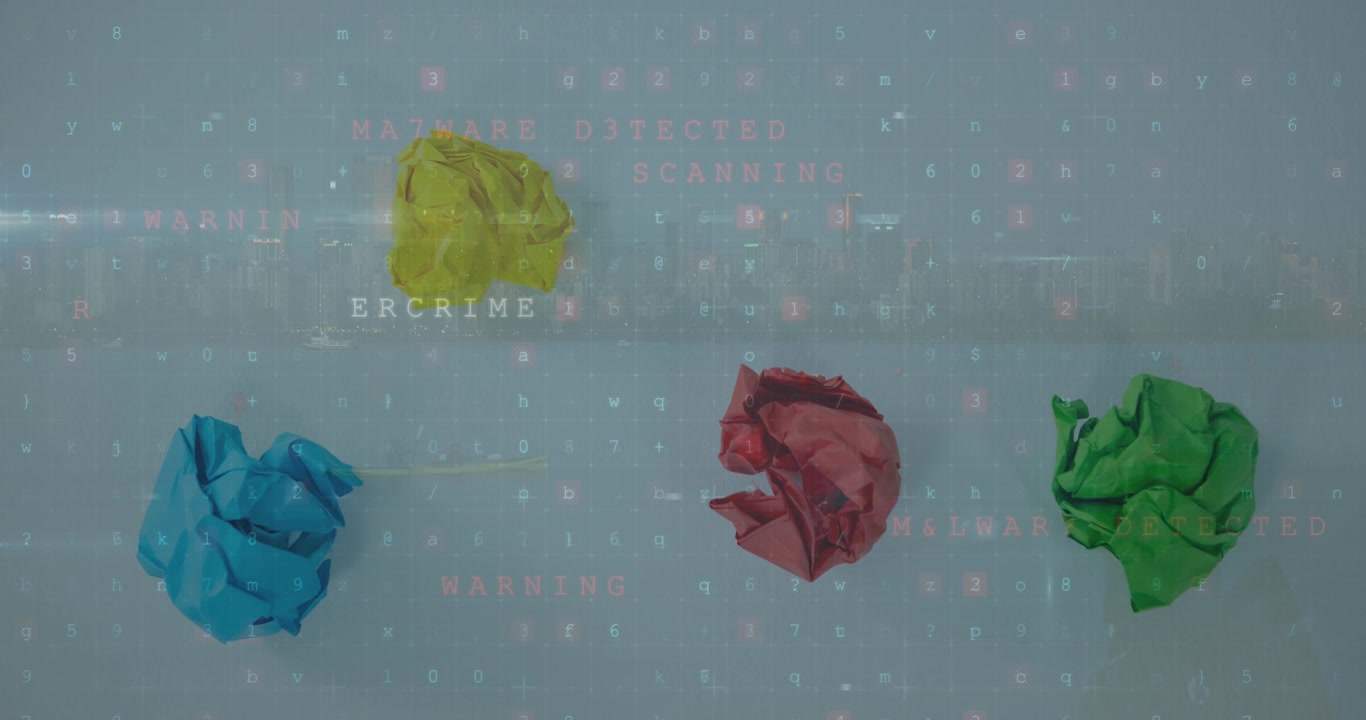 Video displays color-changing crumbled paper in data processing.