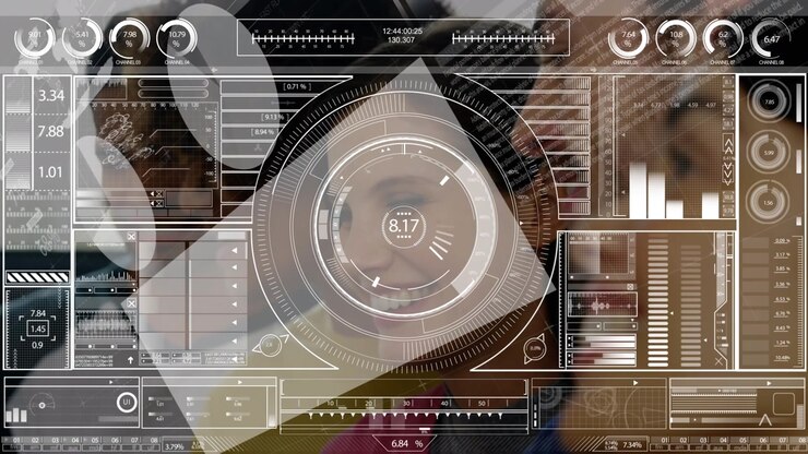 Animation of data processing over diverse business people in office