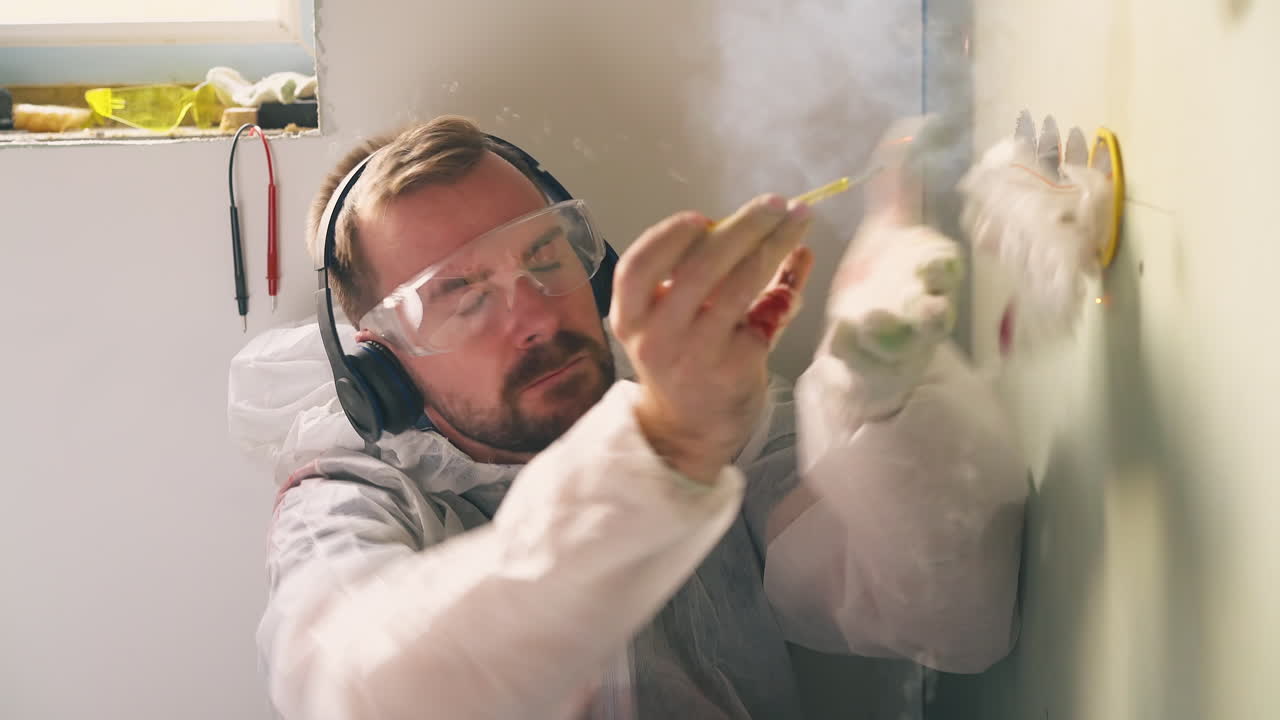 헤드폰을 착용한 남자가 전기 충격을 받고 수리 플러그를