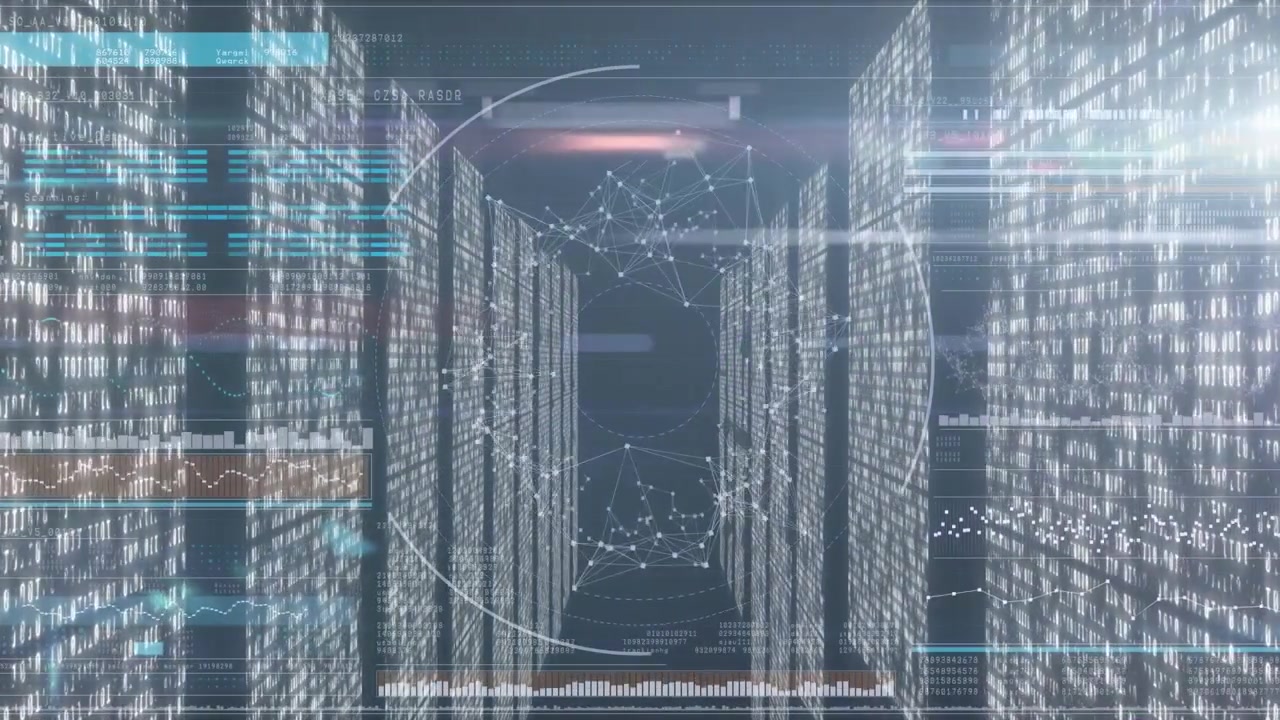 Animation of purple light trail and data processing over computer servers