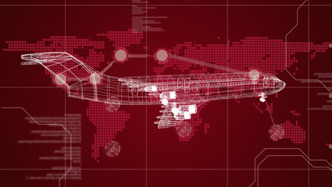 animation of data processing and locations pulsating on world map and 3d model of airplane