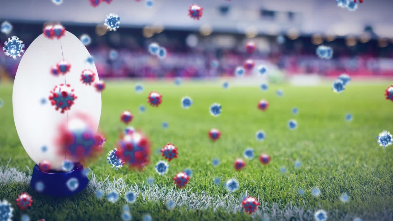 células de covid-19 contra la pelota de rugby en el campo deportivo
