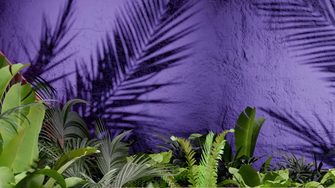 Tropical green plants casting palm leaf shadows on textured purple wall. Botanical outdoor photography. Nature, foliage, and tropical garden design concept. Design for wallpaper, banner