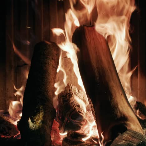 wood is burning in a modern fireplace in slow motion