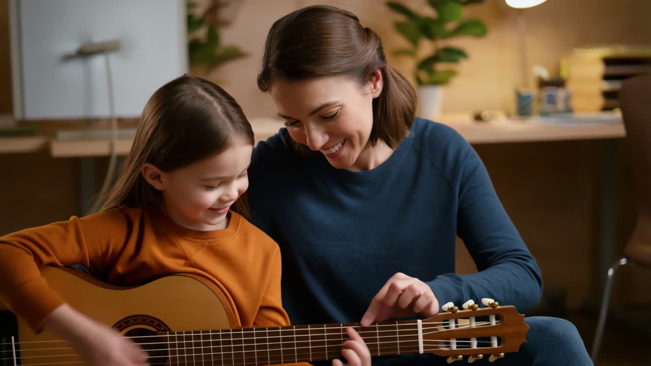 Mother teaching her daughter to play the guitar
