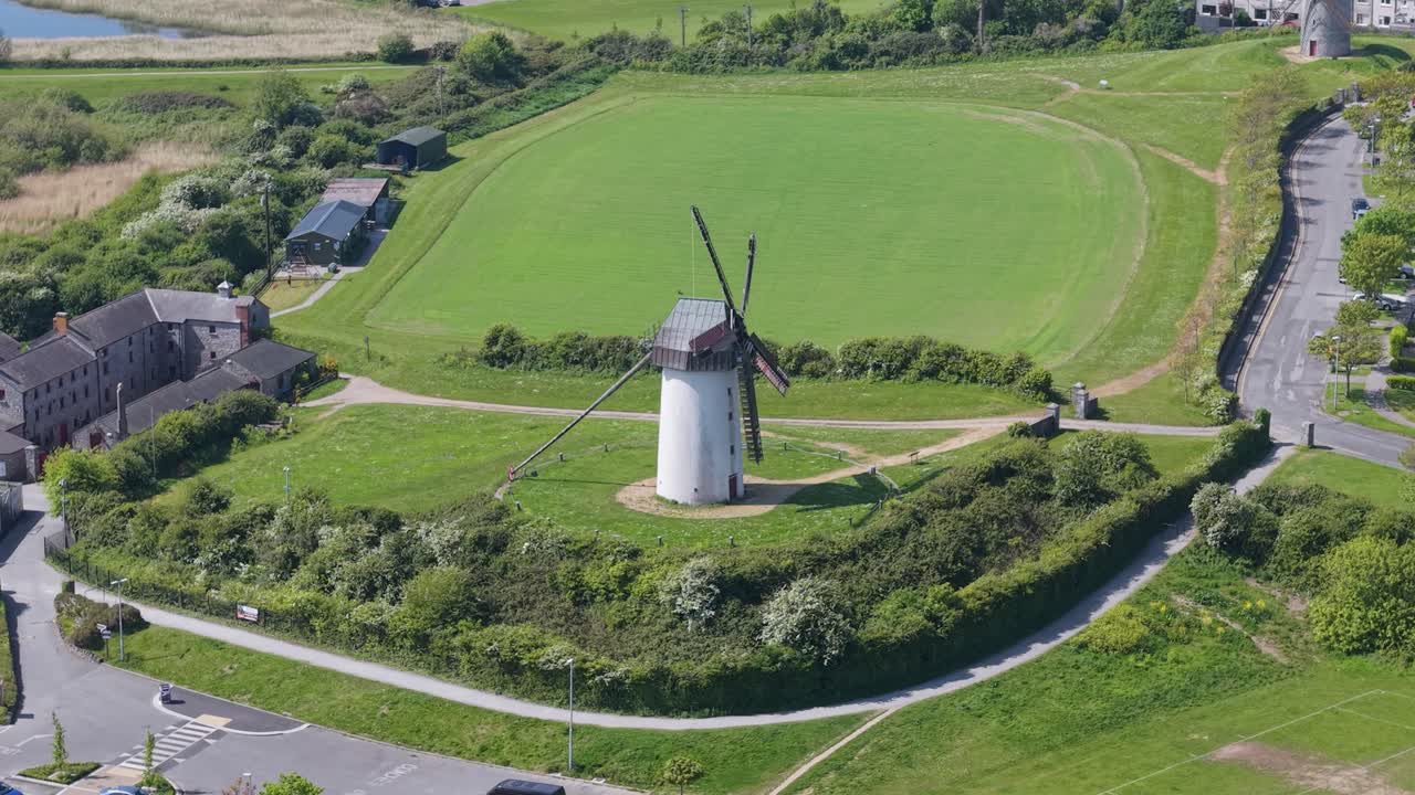 Aerial View of Historic Skerries Mills Windmill and Watermill Complex, Ireland