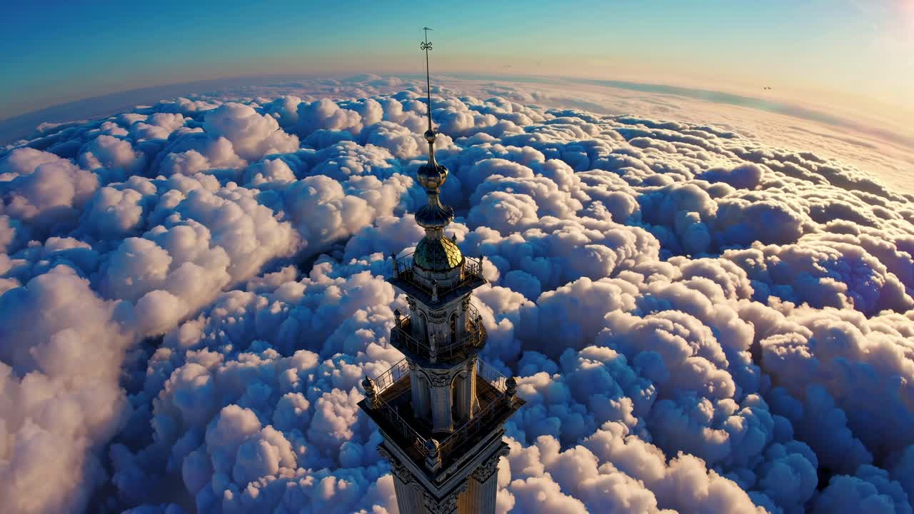 Aerial video captures a tower piercing through fluffy clouds at sunset, showcasing a breathtaking