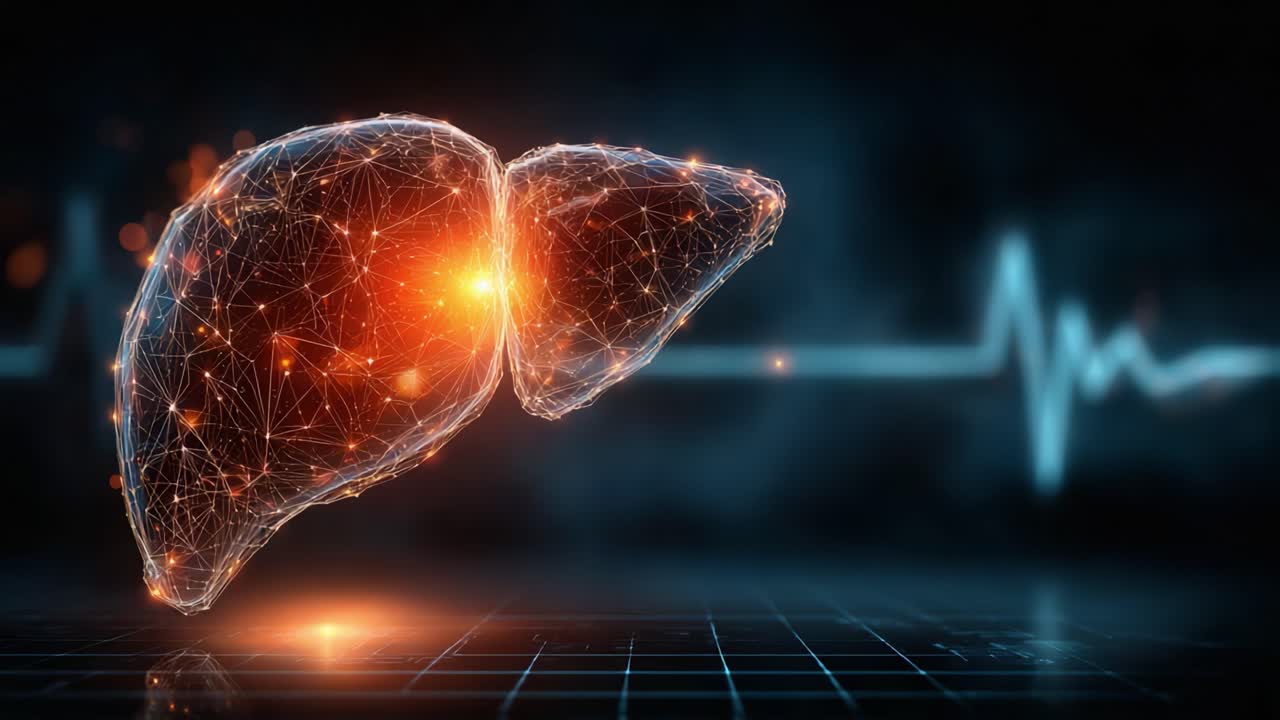 A Digital Visualization of a Liver: Exploring the Intersection of Technology and Biology through a Luminous 3D Representation of Human Anatomy in a Futuristic Style