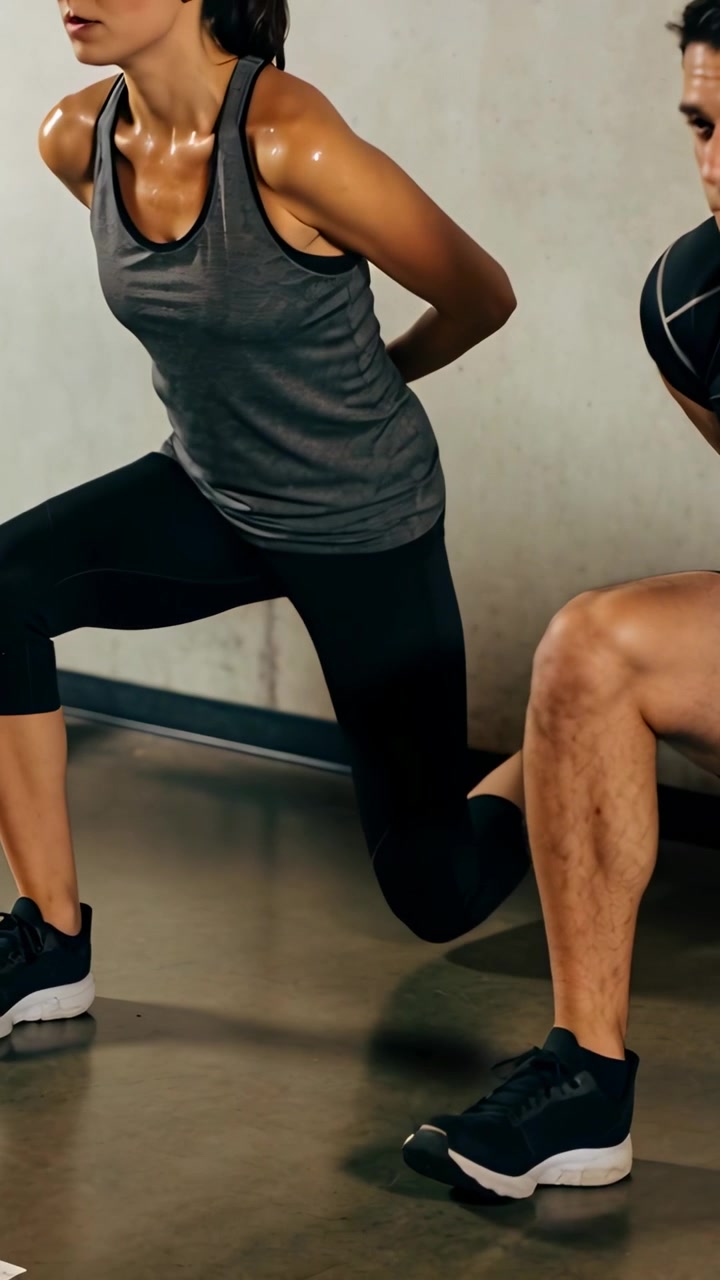 Video verticale: Donna che inizia gli affondi in palestra mentre si riscalda, indossa canotta grigia e scarpe