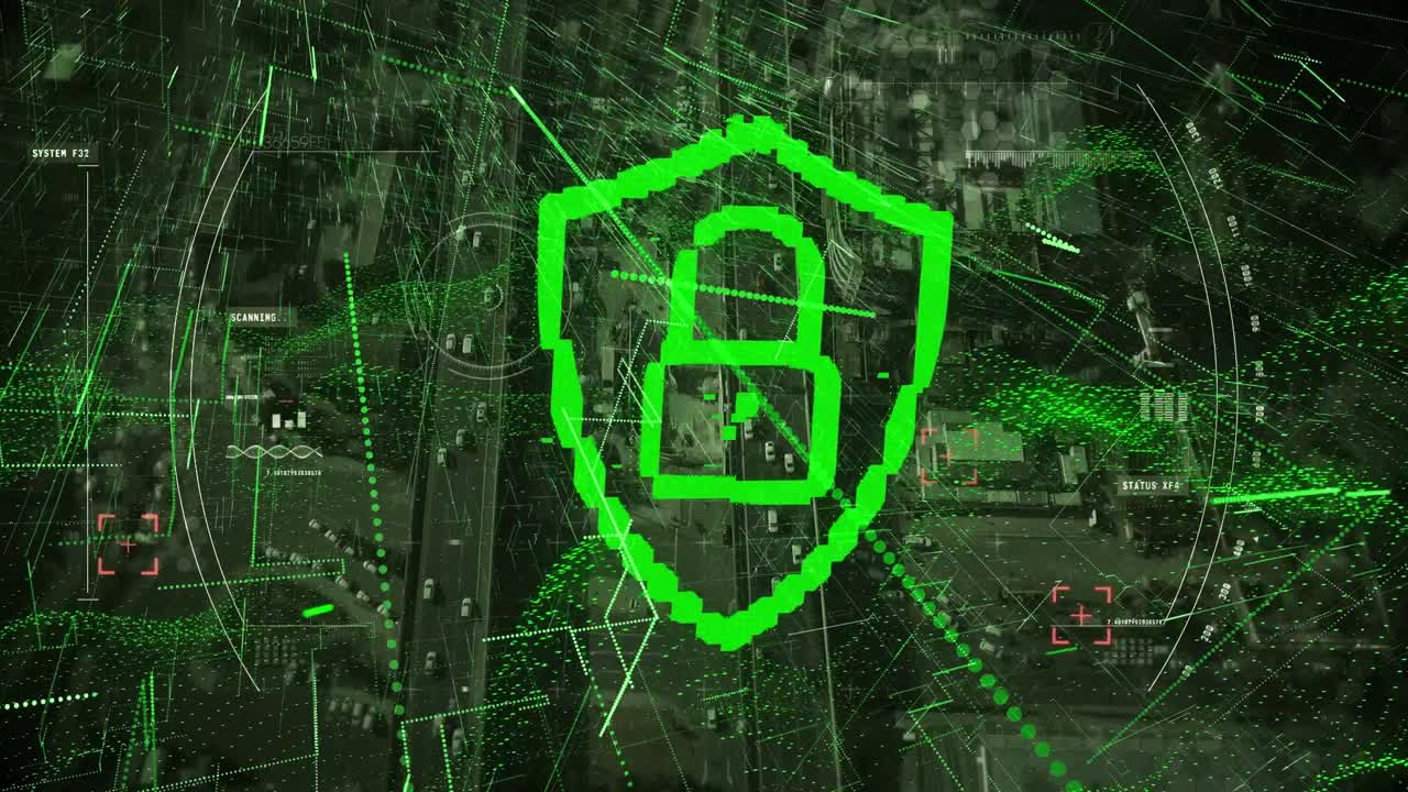 animación del procesamiento de datos y el candado sobre el paisaje urbano