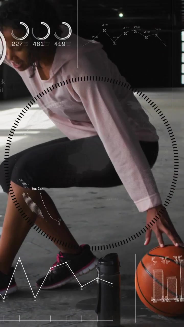 Vertical video: Woman doing cooldown, shifting sit to stand while HUD tracking metrics around her