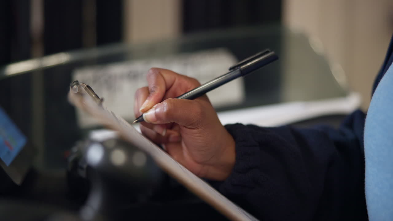Close-up of Hand Writing on Clipboard with Pen