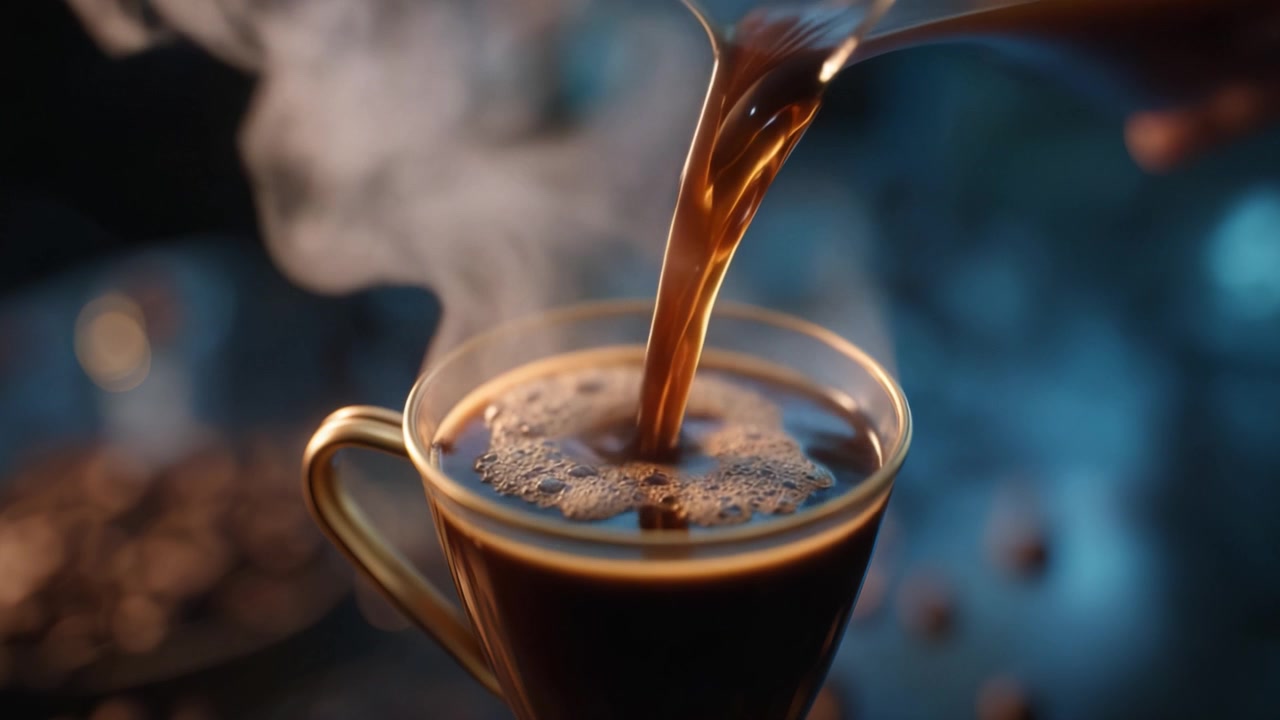 En dampende kop kaffe, der frisk hældes, fremviser rige farver og aromatisk damp, perfekt til at fange essensen af kaffekultur og nydelse.