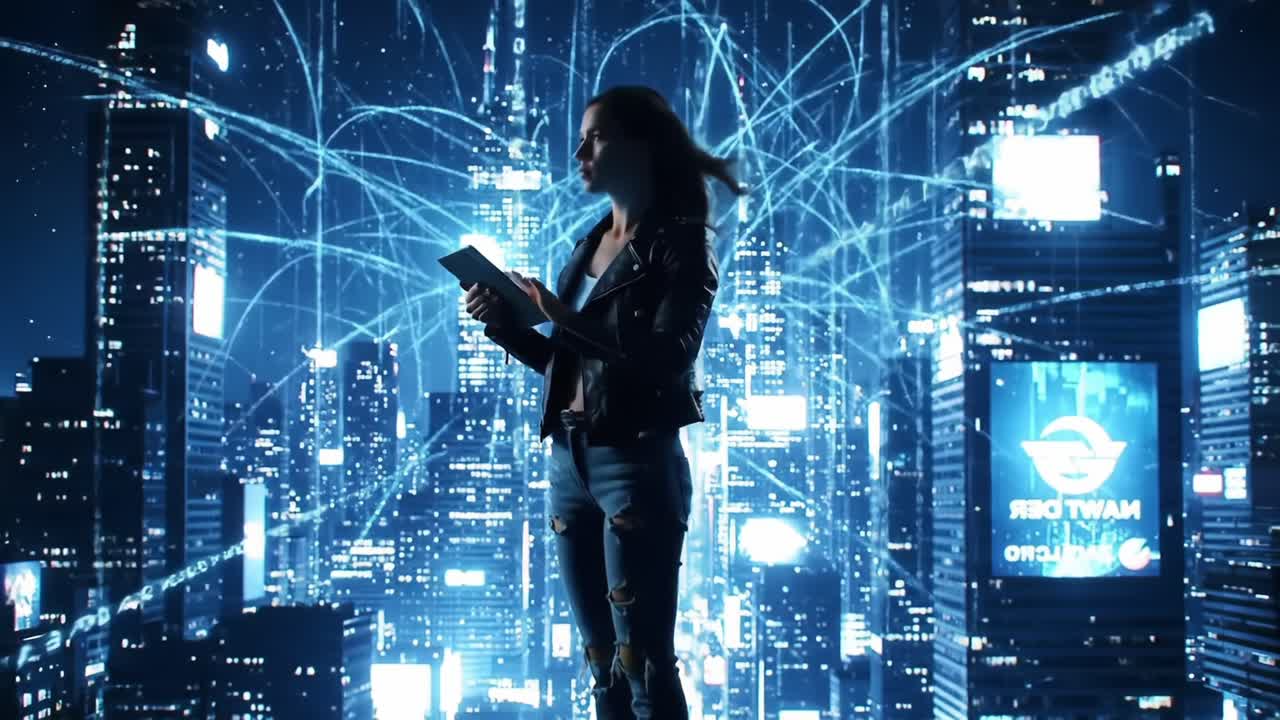 A futuristic silhouette of a woman engrossed in her device against a vibrant cityscape filled with digital connections, symbolizing technology's impact on modern life