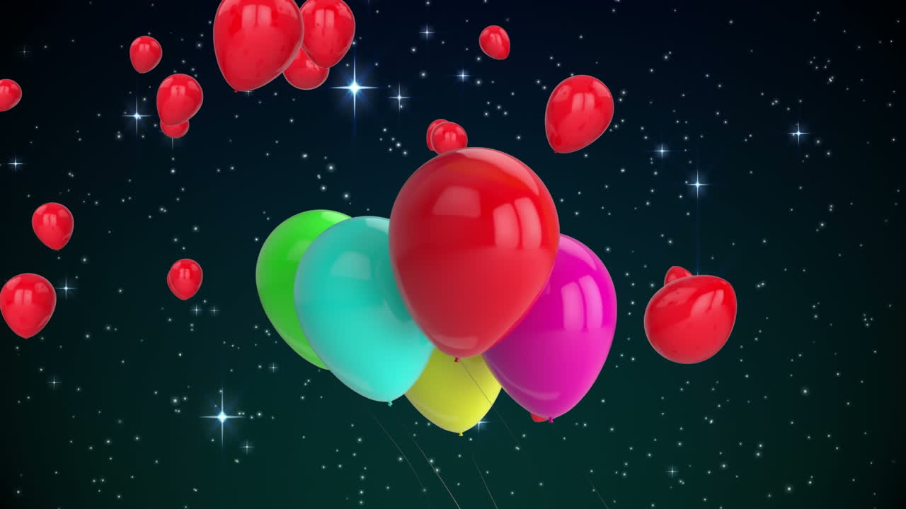 Animazione di palloncini colorati che volano e luci su sfondo nero