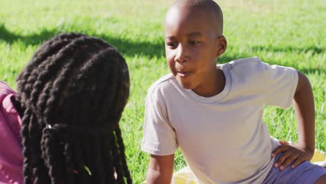 video of happy african american father and son having picnic on grass