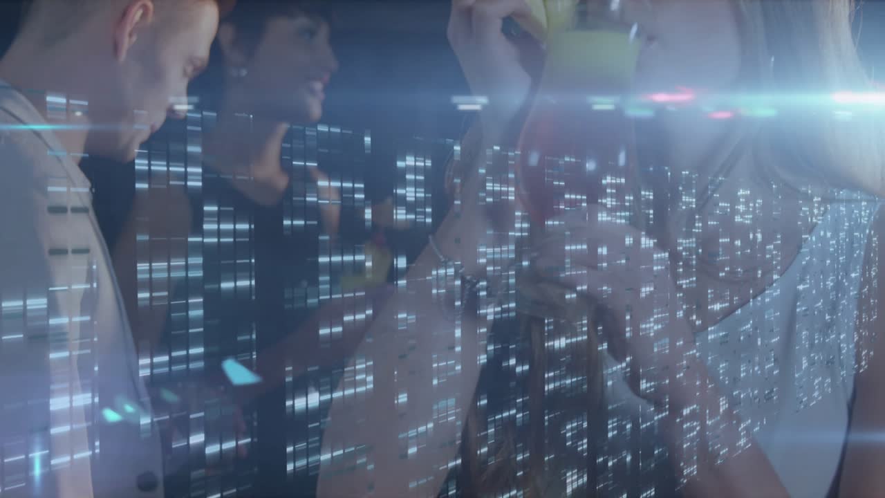 Right woman lifting cocktail and sipping while socializing, club overlay flickering across frame