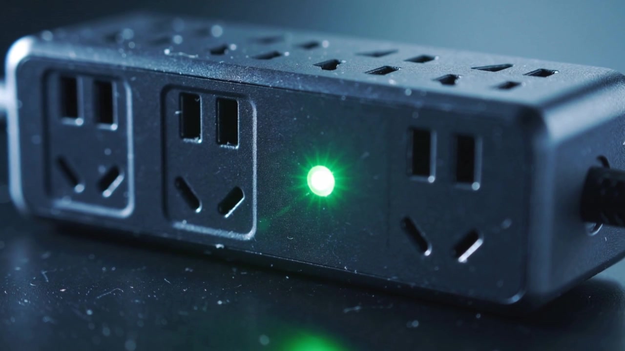 Power connecting, black power strip lighting green LED, brightening, casting small glow on tabletop