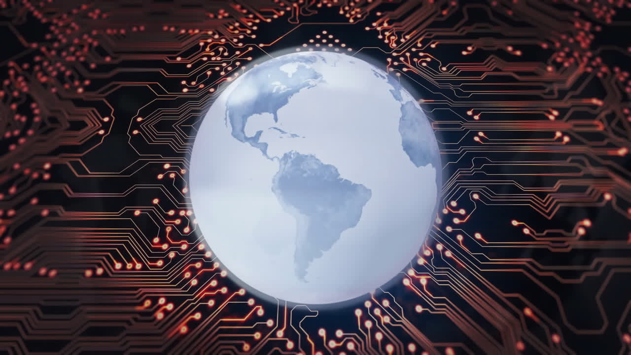 Animazione di un globo con continenti su circuito stampato, rete digitale globale