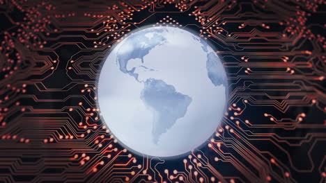 globe with continents over circuit board, global digital network animation