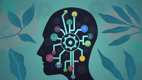 animation of leaves and human head model with icons and gears on green background