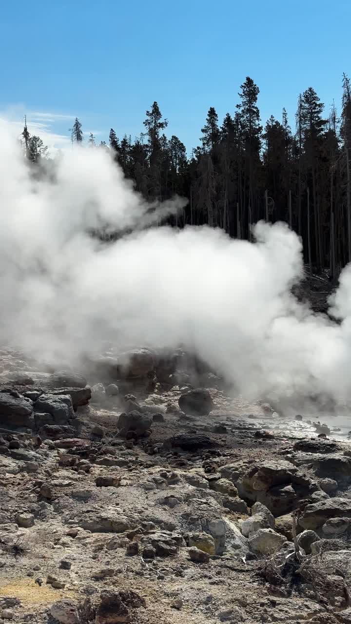 vertical 4k, geysers en erupción y vapor en el parque nacional yellowstone, wyoming, estados unidos