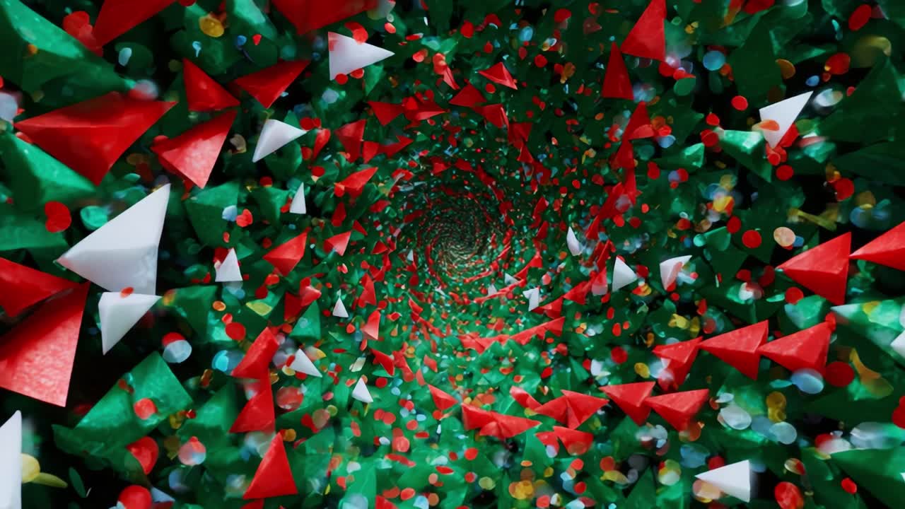 A Mesmerizing Spiral of Red, Green, and White Shapes Creating a Whimsical Holiday Atmosphere, Drawing the Viewer into an Endless Tunnel of Colorful Triangular and Circular Elements