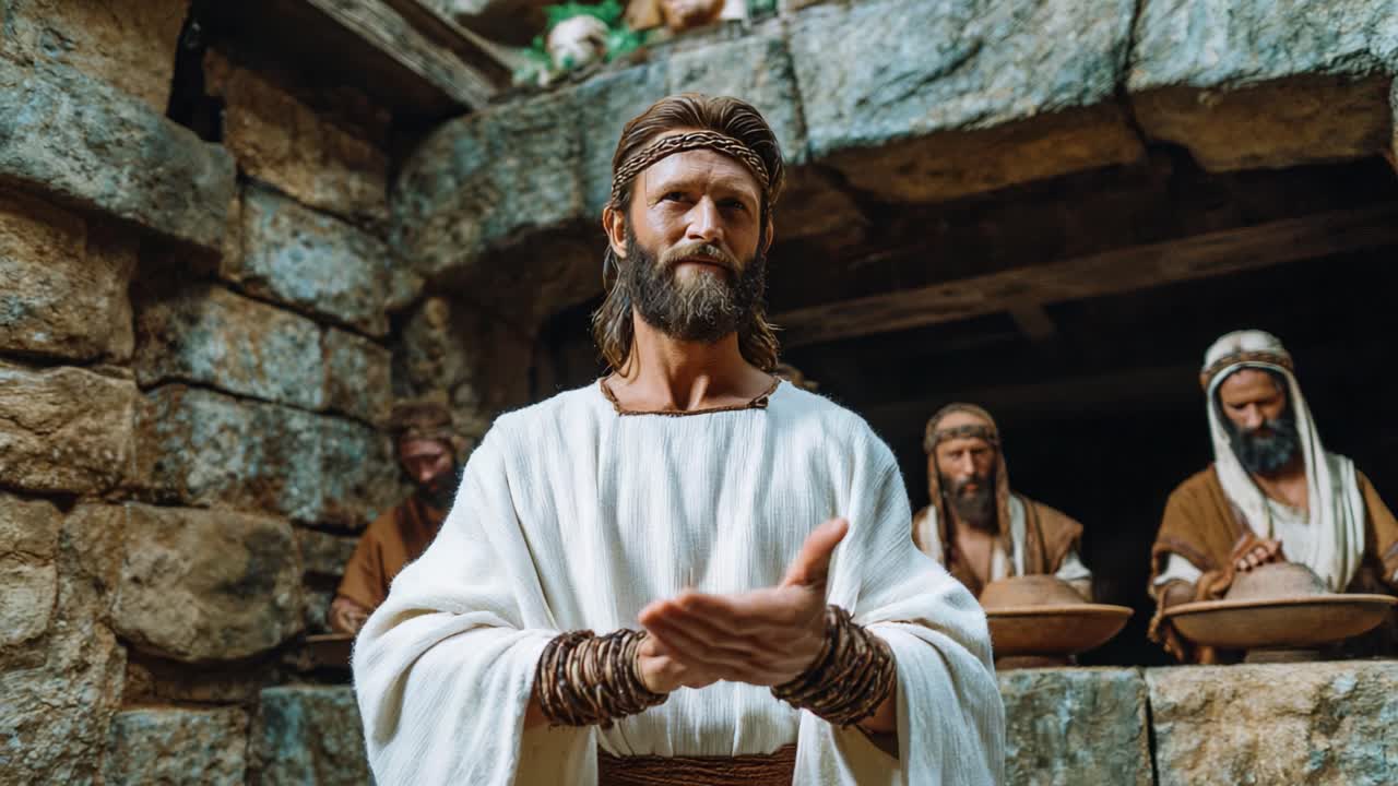 Un Uomo in Abiti Tradizionali Gesticola con Intento, Circondato da Figure Attente in un Ambiente Rifinito in Pietra, Evocando Temi di Leadership e Guida.