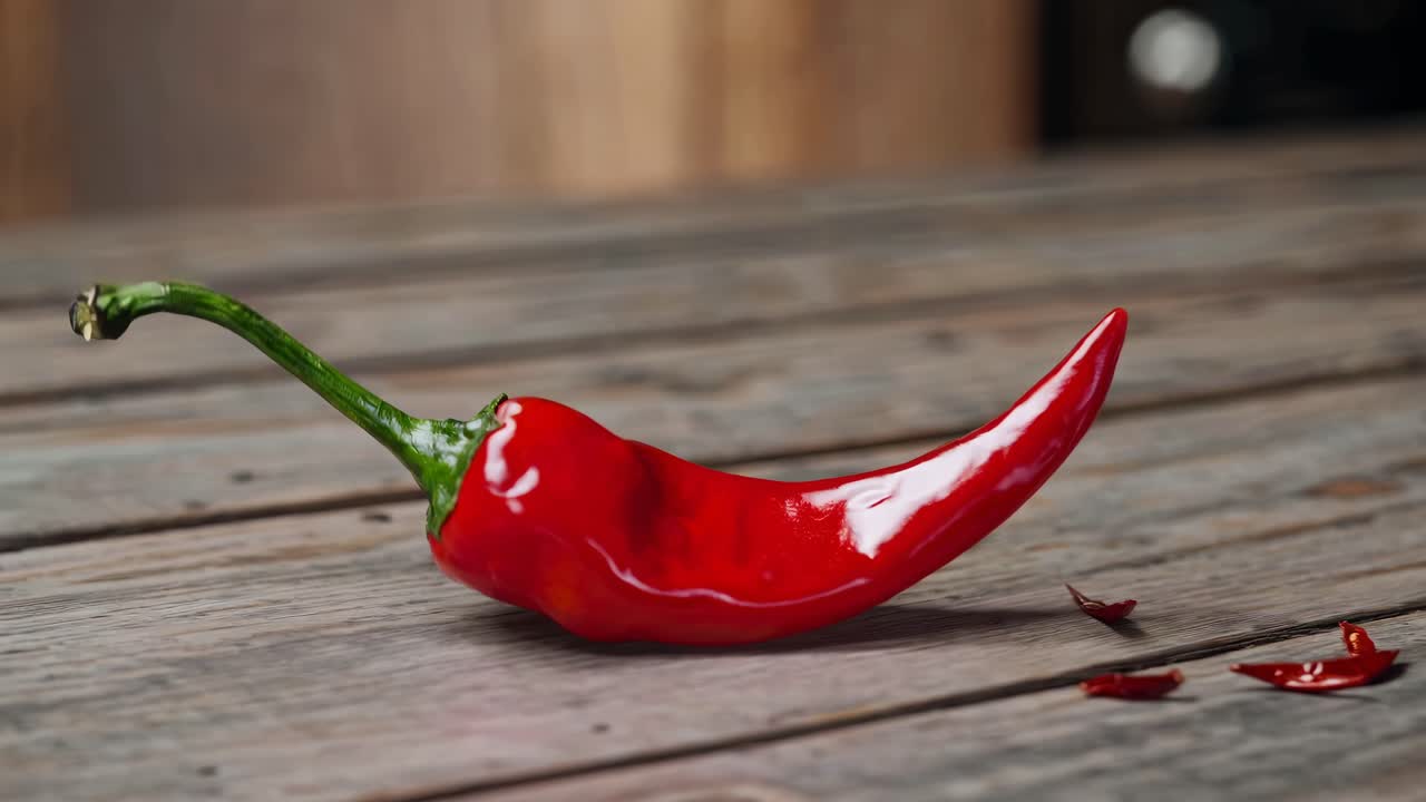 Close-up video of a vibrant red chili pepper on a rustic wooden table, shot at a low angle