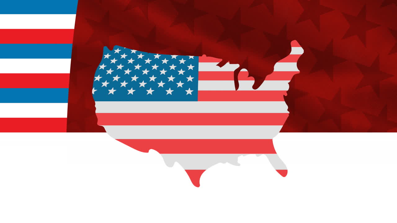 Animazione di una mappa degli Stati Uniti colorata come la bandiera americana su uno sfondo di stelle e strisce.