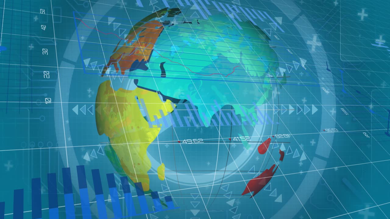 Animation of financial data and graphs over globe rotating on blue background