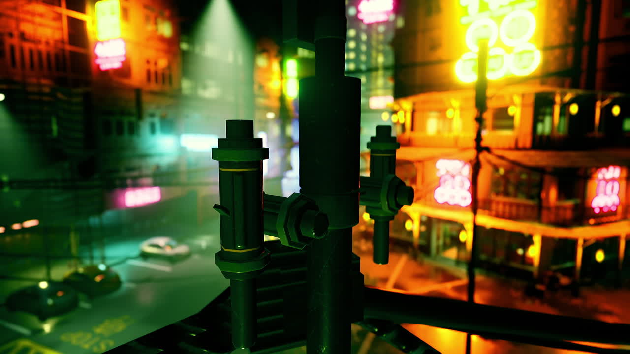 Vibrant cityscape at night with neon lights and urban elements