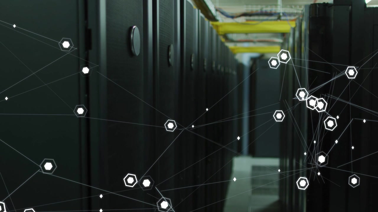 Camera pushing forward, revealing tray and driving datacenter overlay, hex nodes clustering racks