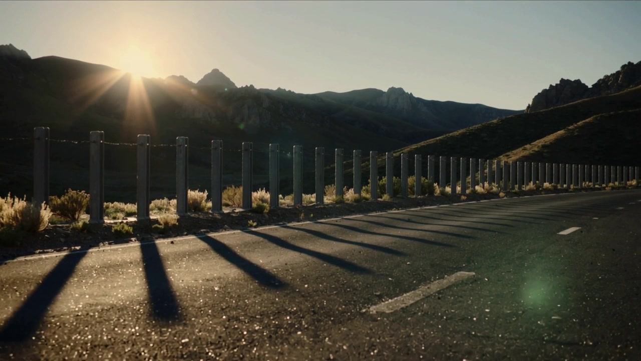 Pali del guardrail che proiettano lunghe ombre su una strada asfaltata di montagna all'ora d'oro, con il sole che si sposta