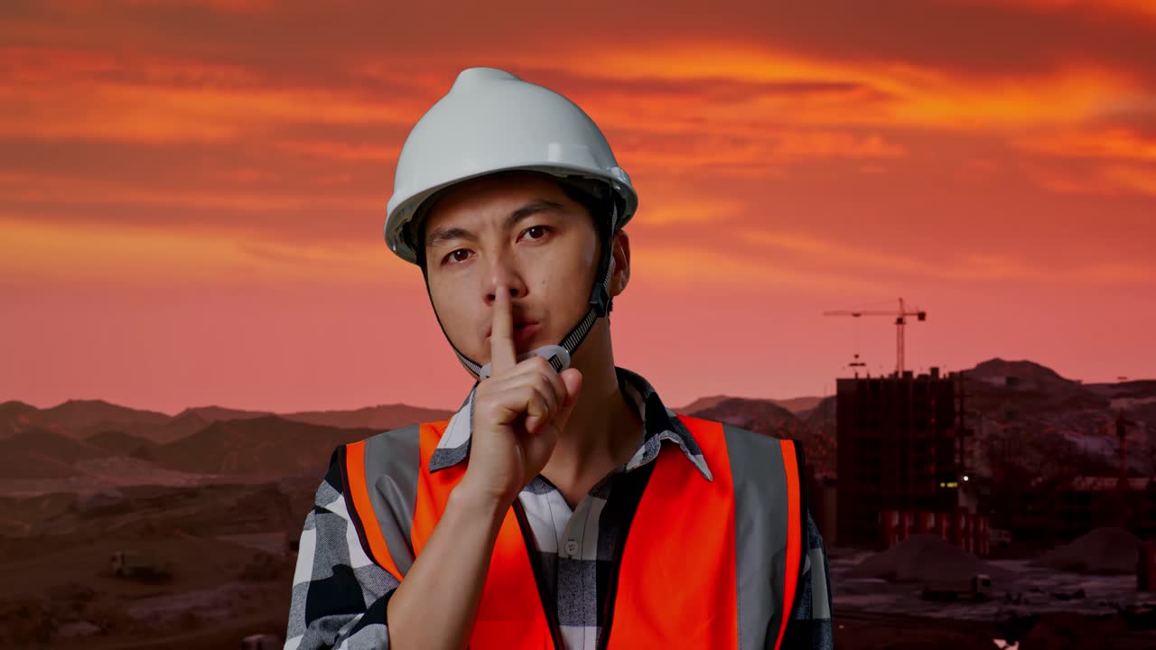 해가 지는 동안의 건설 노동자